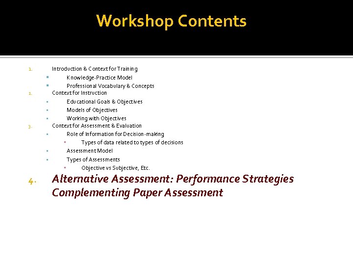 Workshop Contents 1. 2. 3. 4. Introduction & Context for Training Knowledge Practice Model
