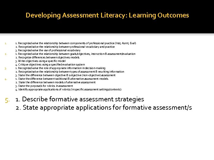 Developing Assessment Literacy: Learning Outcomes 1. 2. 3. 4. 1. Recognize/value the relationship between