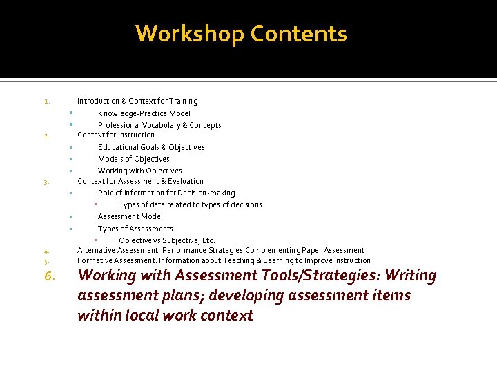 Workshop Contents 1. 2. 3. 4. 5. 6. Introduction & Context for Training Knowledge