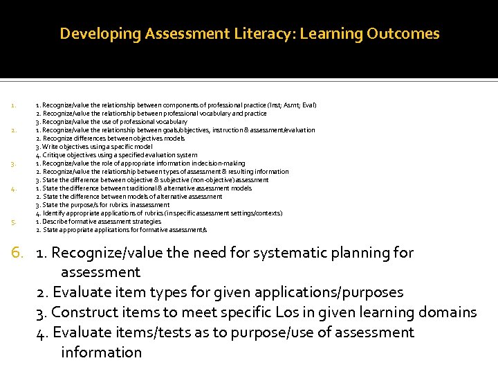 Developing Assessment Literacy: Learning Outcomes 1. 2. 3. 4. 5. 1. Recognize/value the relationship
