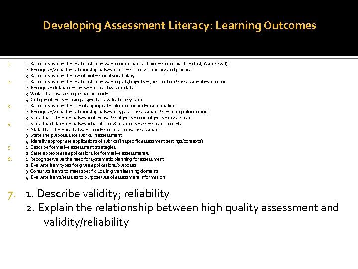 Developing Assessment Literacy: Learning Outcomes 1. 2. 3. 4. 5. 6. 1. Recognize/value the