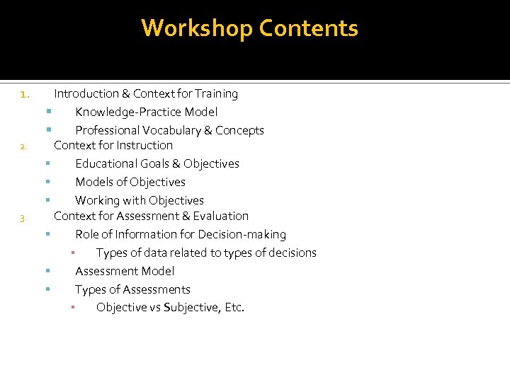Workshop Contents 1. 2. 3. Introduction & Context for Training Knowledge Practice Model Professional