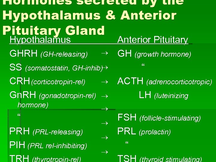 Hormones secreted by the Hypothalamus & Anterior Pituitary Gland Hypothalamus GHRH (GH-releasing) SS (somatostatin,