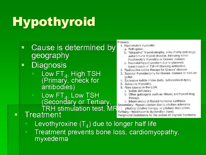 Hypothyroid § Cause is determined by geography § Diagnosis § Low FT 4, High