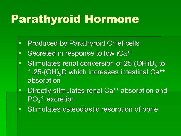 Parathyroid Hormone § Produced by Parathyroid Chief cells § Secreted in response to low