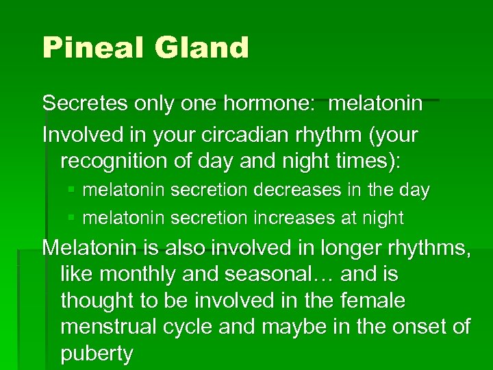 Pineal Gland Secretes only one hormone: melatonin Involved in your circadian rhythm (your recognition