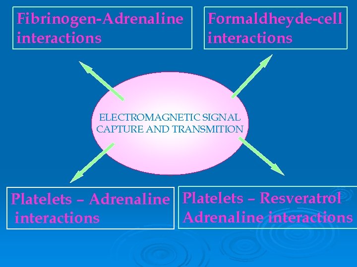 Fibrinogen-Adrenaline interactions Formaldheyde-cell interactions ELECTROMAGNETIC SIGNAL CAPTURE AND TRANSMITION Platelets – Adrenaline Platelets –
