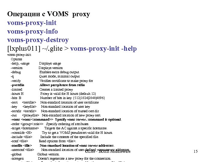 Операции с VOMS proxy voms-proxy-init voms-proxy-info voms-proxy-destroy [lxplus 011] ~/. glite > voms-proxy-init -help