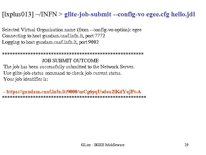 [lxplus 013] ~/INFN > glite-job-submit --config-vo egee. cfg hello. jdl Selected Virtual Organisation name