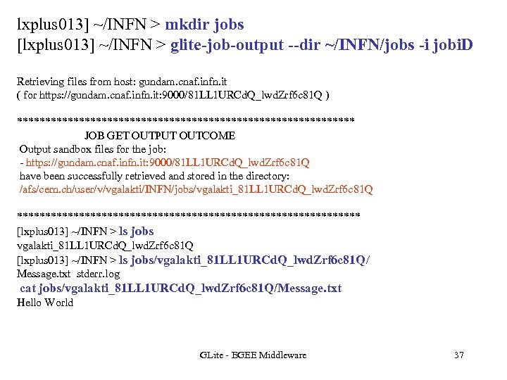 lxplus 013] ~/INFN > mkdir jobs [lxplus 013] ~/INFN > glite-job-output --dir ~/INFN/jobs -i