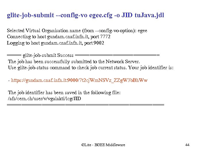 glite-job-submit --config-vo egee. cfg -o JID tu. Java. jdl Selected Virtual Organisation name (from