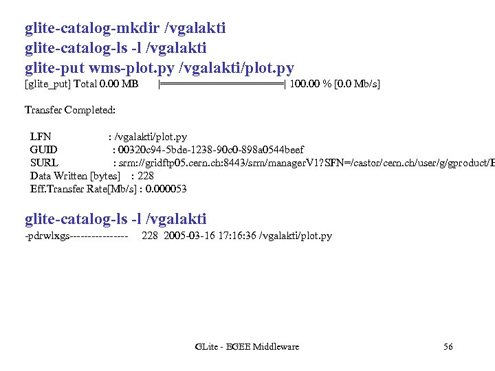 glite-catalog-mkdir /vgalakti glite-catalog-ls -l /vgalakti glite-put wms-plot. py /vgalakti/plot. py [glite_put] Total 0. 00