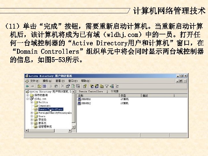 计算机网络管理技术 （11）单击“完成”按钮，需要重新启动计算机。当重新启动计算 机后，该计算机将成为已有域（wldhj. com）中的一员。打开任 何一台域控制器的“Active Directory用户和计算机”窗口，在 “Domain Controllers”组织单元中将会同时显示两台域控制器 的信息，如图 5 -53所示。 