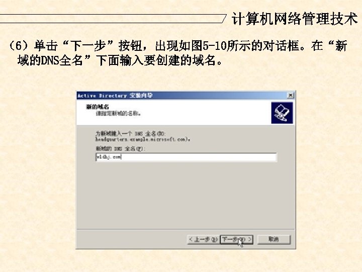 计算机网络管理技术 （6）单击“下一步”按钮，出现如图 5 -10所示的对话框。在“新 域的DNS全名”下面输入要创建的域名。 