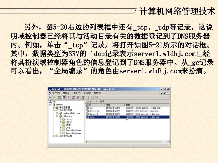 计算机网络管理技术 另外，图 5 -20右边的列表框中还有_tcp、_udp等记录，这说 明域控制器已经将其与活动目录有关的数据登记到了DNS服务器 内。例如，单击“_tcp”记录，将打开如图 5 -21所示的对话框。 其中，数据类型为SRV的_ldap记录表示server 1. wldhj. com已经 将其扮演域控制器角色的信息登记到了DNS服务器中。从_gc记录 可以看出，“全局编录”的角色由server
