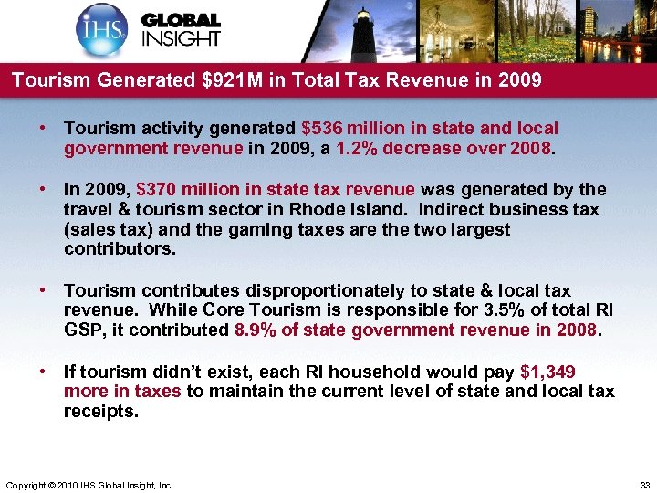 Tourism Generated $921 M in Total Tax Revenue in 2009 • Tourism activity generated