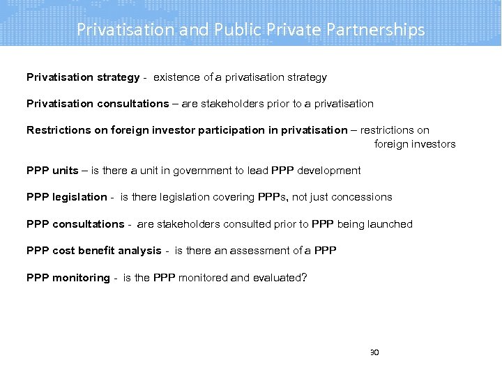 Privatisation and Public Private Partnerships Privatisation strategy - existence of a privatisation strategy Privatisation
