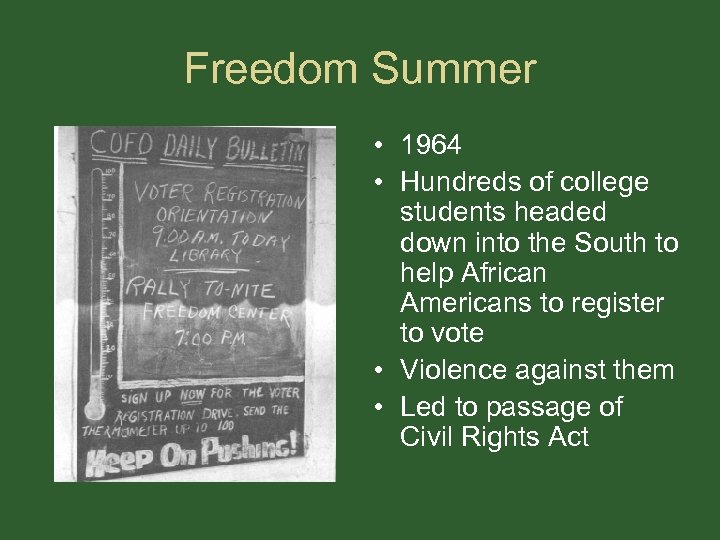 Freedom Summer • 1964 • Hundreds of college students headed down into the South