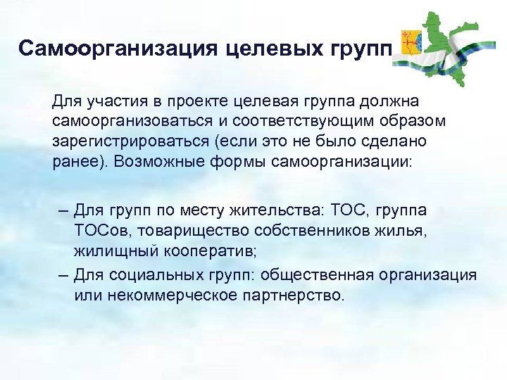 Самоорганизация целевых групп Для участия в проекте целевая группа должна самоорганизоваться и соответствующим образом