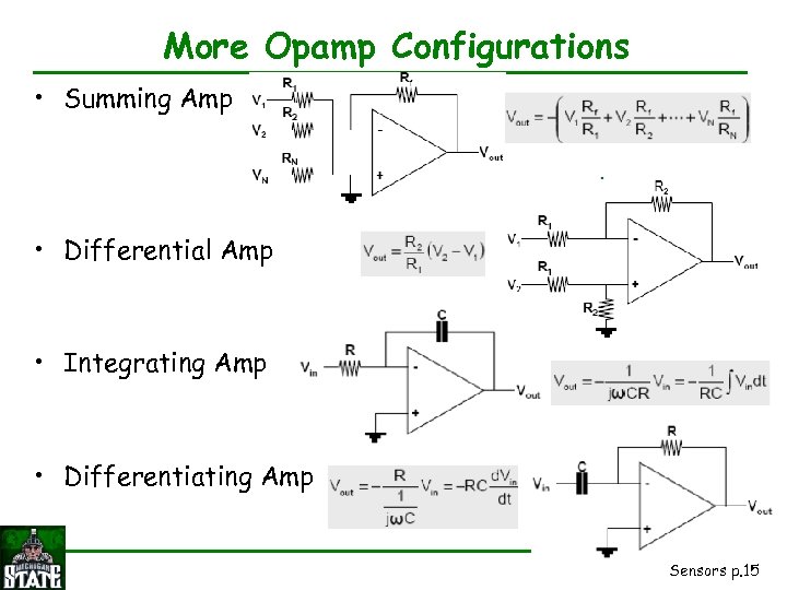 More Opamp Configurations • Summing Amp • Differential Amp • Integrating Amp • Differentiating