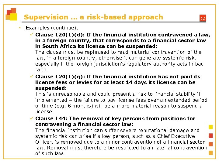 Supervision … a risk-based approach • 12 Examples (continue): ü Clause 120(1)(d): If the