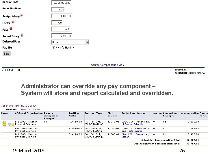 Administrator can override any pay component – System will store and report calculated and