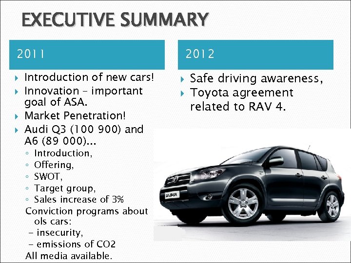 EXECUTIVE SUMMARY 2011 Introduction of new cars! Innovation – important goal of ASA. Market