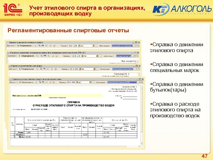 Учет этилового спирта в организациях, производящих водку Регламентированные спиртовые отчеты §Справка о движении этилового