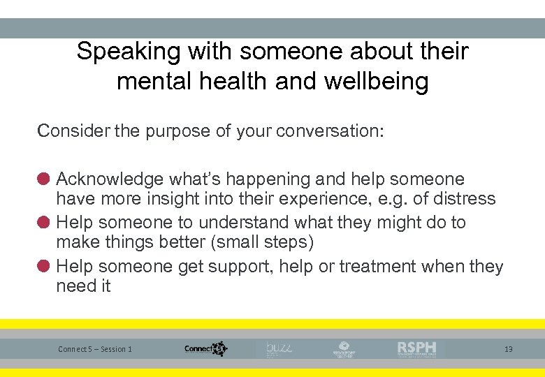 Speaking with someone about their mental health and wellbeing Consider the purpose of your