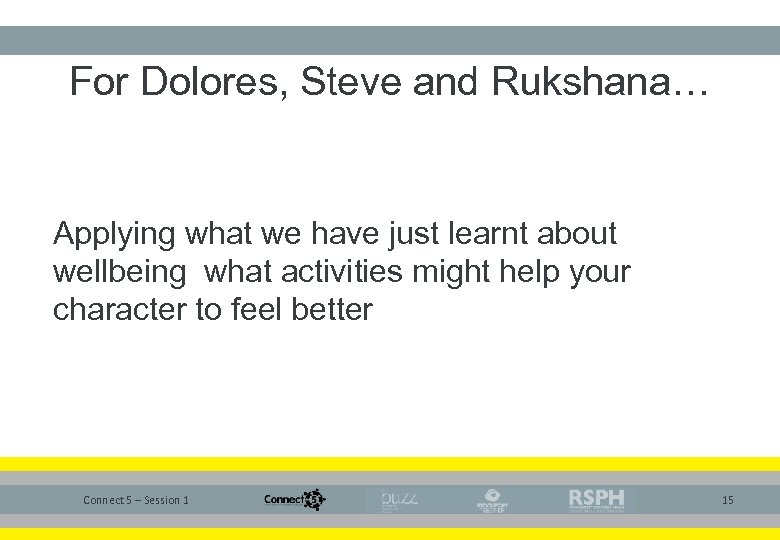 For Dolores, Steve and Rukshana… Applying what we have just learnt about wellbeing what