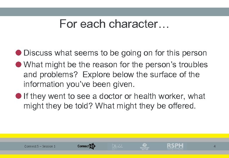 For each character… Discuss what seems to be going on for this person What