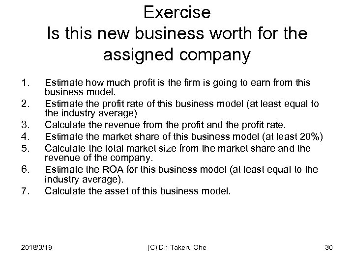 Exercise Is this new business worth for the assigned company 1. 2. 3. 4.