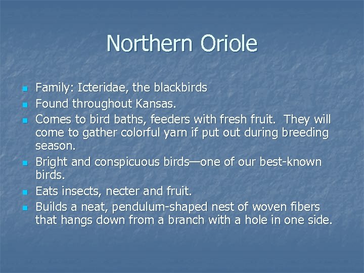 Northern Oriole n n n Family: Icteridae, the blackbirds Found throughout Kansas. Comes to