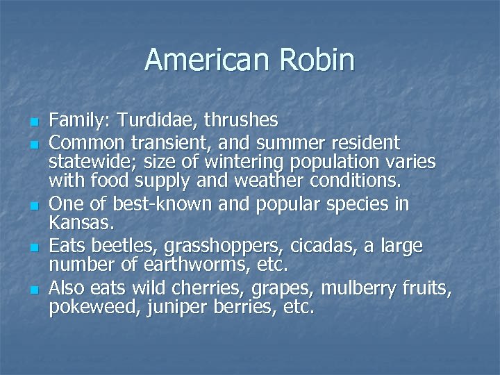 American Robin n n Family: Turdidae, thrushes Common transient, and summer resident statewide; size