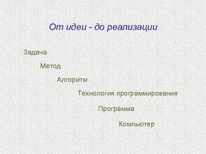 От идеи - до реализации Задача Метод Алгоритм Технология программирования Программа Компьютер 