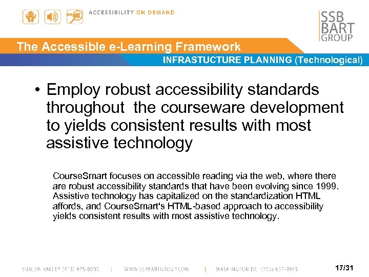 The Accessible e-Learning Framework INFRASTUCTURE PLANNING (Technological) )Dimension) • Employ robust accessibility standards throughout