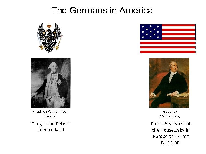 The Germans in America Friedrich Wilhelm von Steuben Frederick Muhlenberg Taught the Rebels how