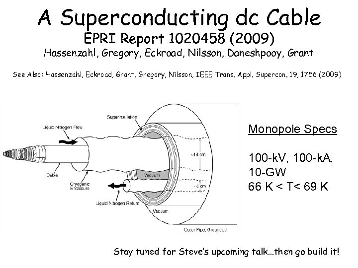 A Superconducting dc Cable EPRI Report 1020458 (2009) Hassenzahl, Gregory, Eckroad, Nilsson, Daneshpooy, Grant