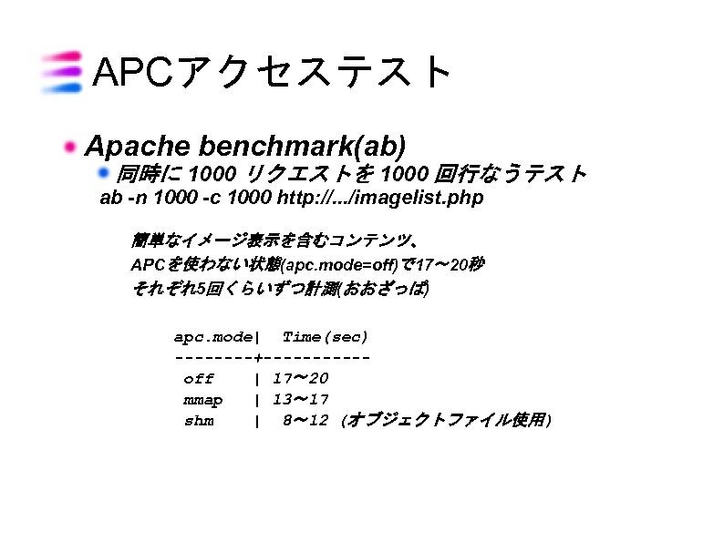 APCアクセステスト Apache benchmark(ab) 同時に 1000 リクエストを 1000 回行なうテスト ab -n 1000 -c 1000 http: