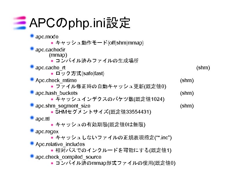 APCのphp. ini設定 apc. mode キャッシュ動作モード{off|shm|mmap} apc. cachedir (mmap) コンパイル済みファイルの生成場所 apc. cache_rt (shm) ロック方式{safe|fast} Apc.