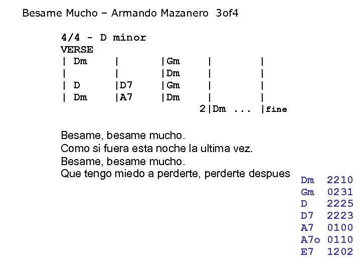 Besame Mucho – Armando Mazanero 3 of 4 4/4 - D minor VERSE |