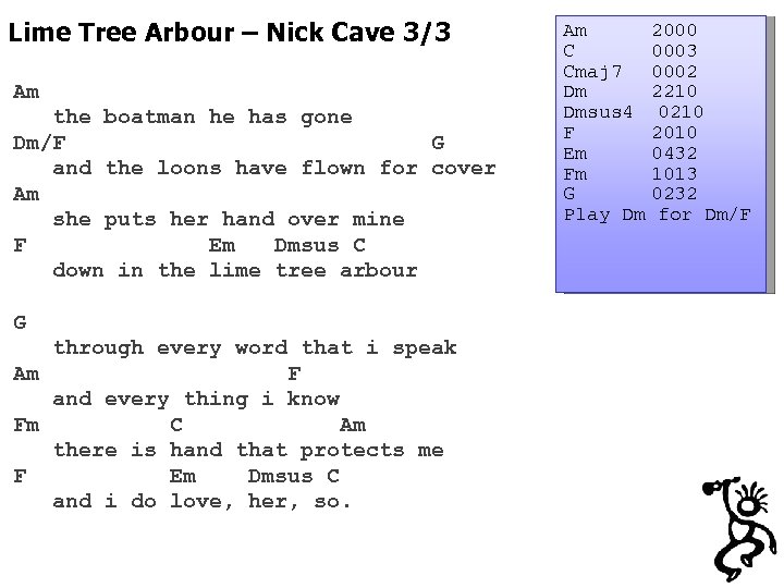 Lime Tree Arbour – Nick Cave 3/3 Am the boatman he has gone Dm/F