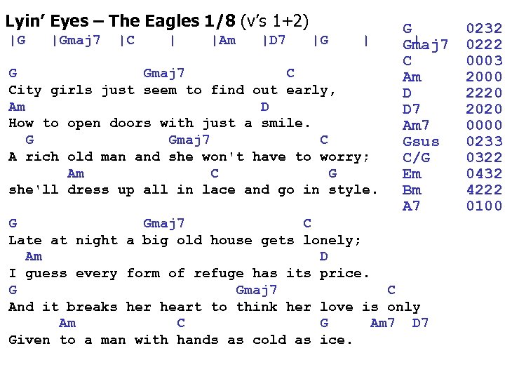 Lyin’ Eyes – The Eagles 1/8 (v’s 1+2) |G |Gmaj 7 |C | |Am