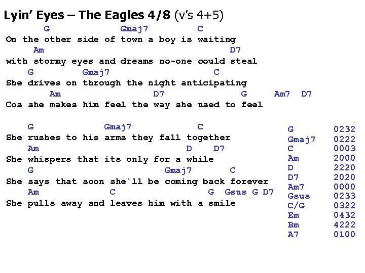 Lyin’ Eyes – The Eagles 4/8 (v’s 4+5) G Gmaj 7 C On the