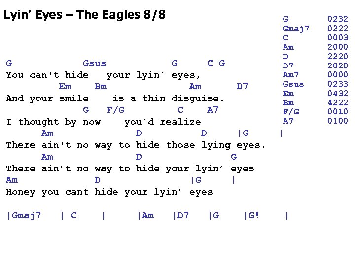 Lyin’ Eyes – The Eagles 8/8 G Gsus G C G You can't hide