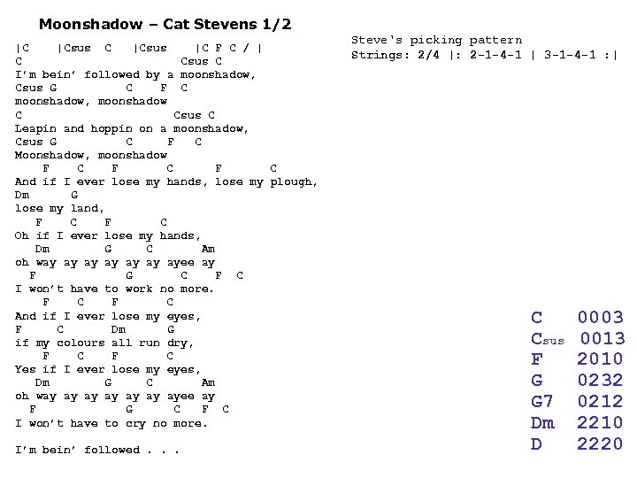 Moonshadow – Cat Stevens 1/2 |C |Csus |C F C / | C Csus