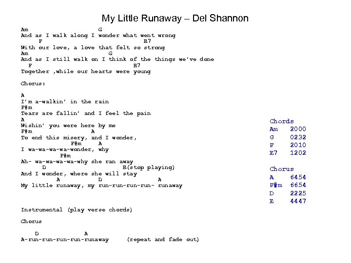 My Little Runaway – Del Shannon Am And as I F With our Am