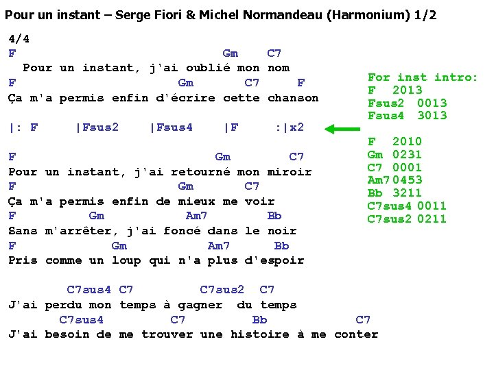 Pour un instant – Serge Fiori & Michel Normandeau (Harmonium) 1/2 4/4 F Gm