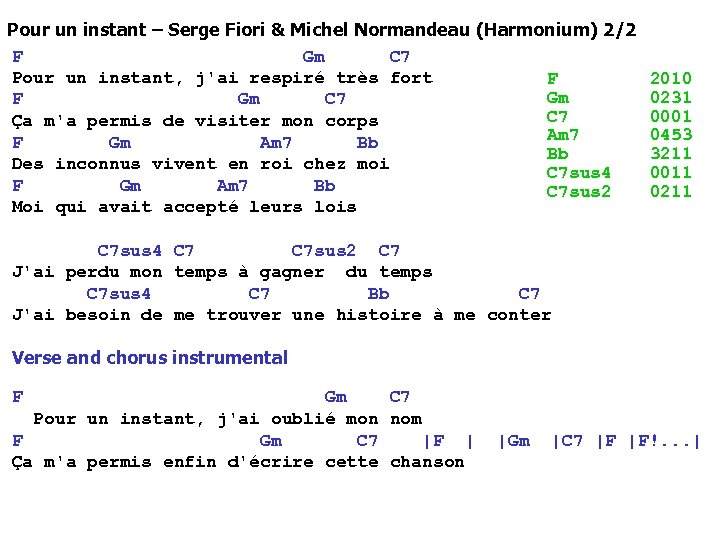 Pour un instant – Serge Fiori & Michel Normandeau (Harmonium) 2/2 F Gm C