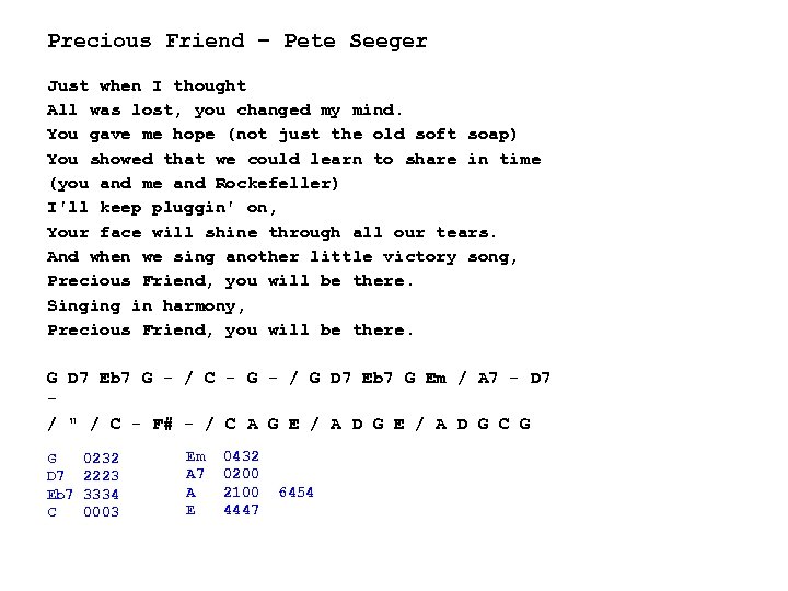 Precious Friend – Pete Seeger Just when I thought All was lost, you changed